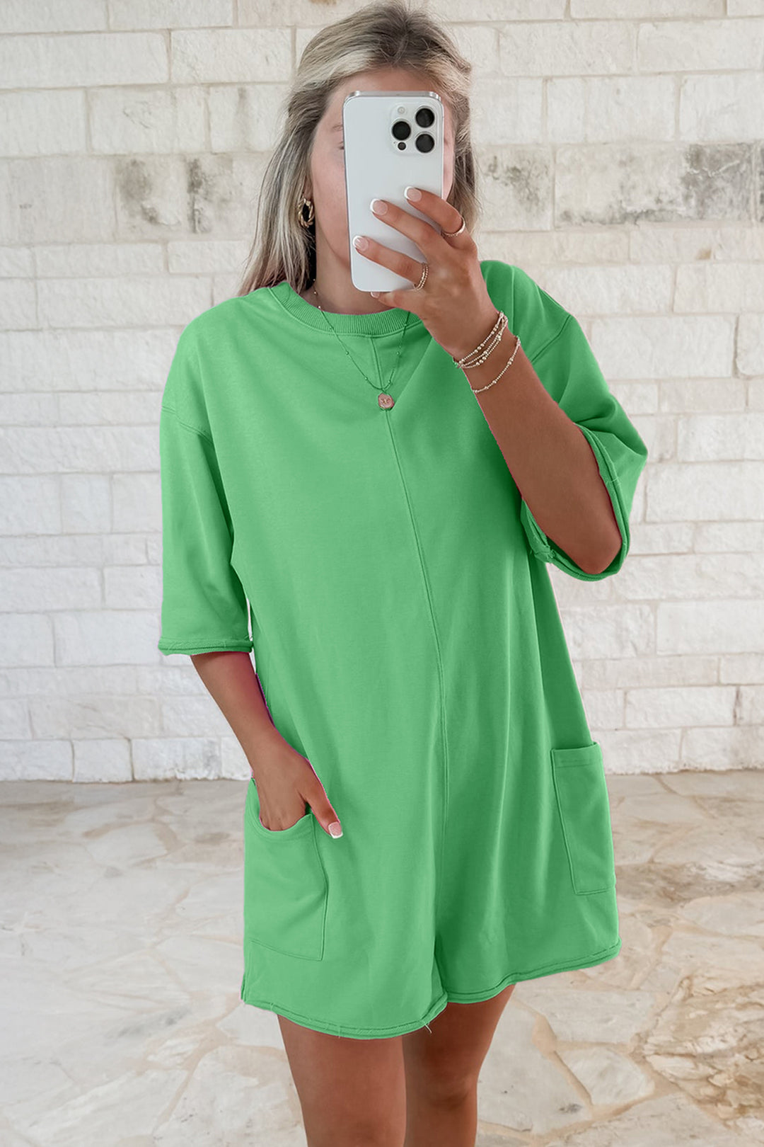 Solid Color Raw Edge Half Sleeve Pocketed Loose Romper