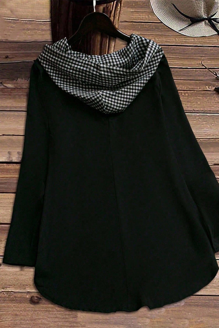 Black Hooded Gingham Paneling Chest Patch Pocket Long Sleeve Plus Size Blouse