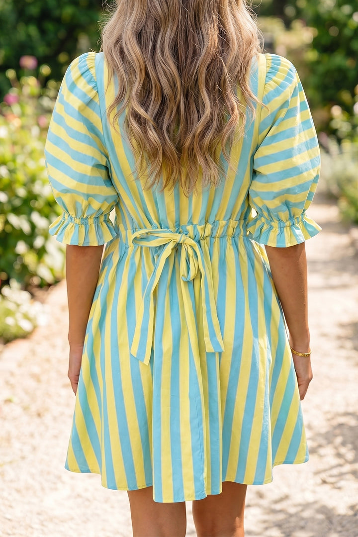 Stripe Half Button Puff Sleeve Loose Mini Dress