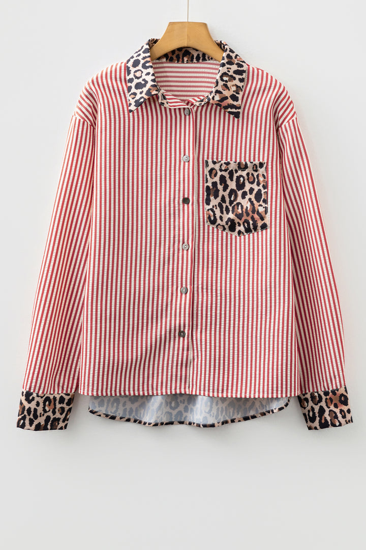Red Striped Leopard Print Patchwork Button Up Women's Shirt