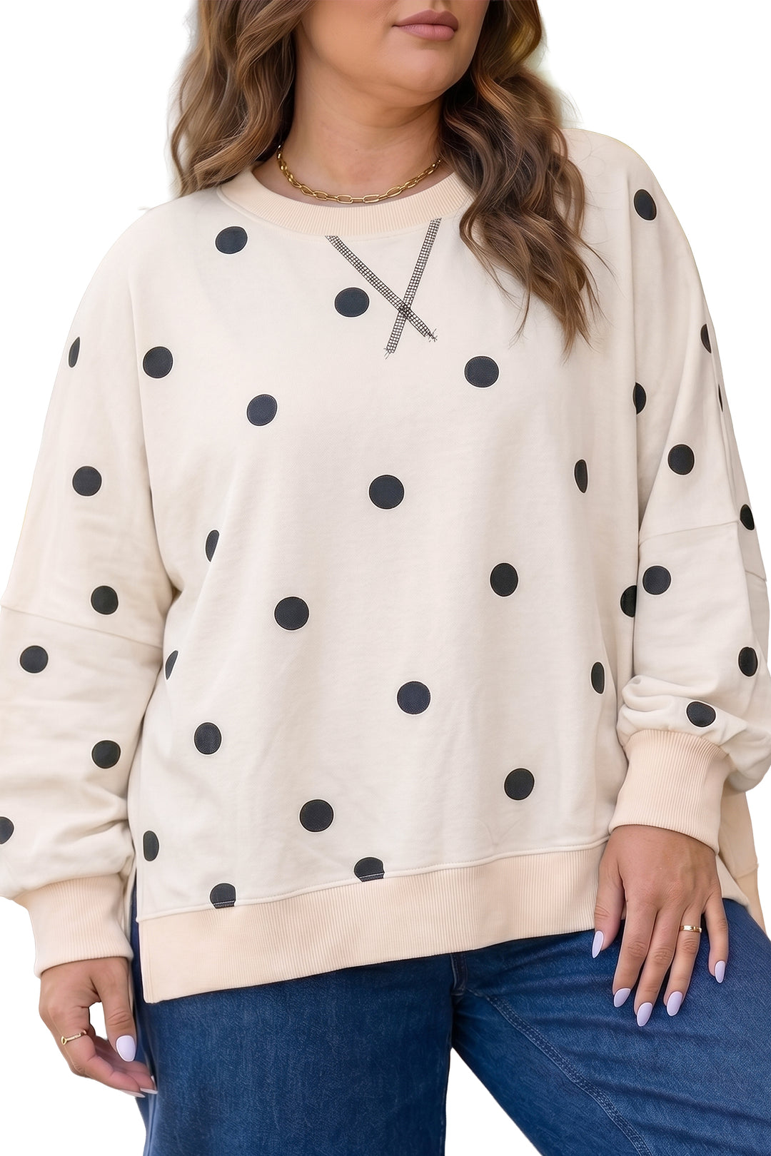 Round Neck Long Sleeve Polka Dot Plus Size Top