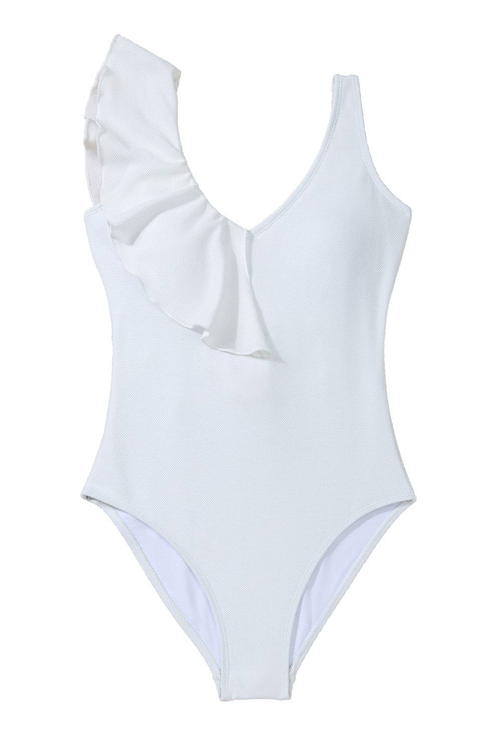 a white one piece swimsuit with ruffles