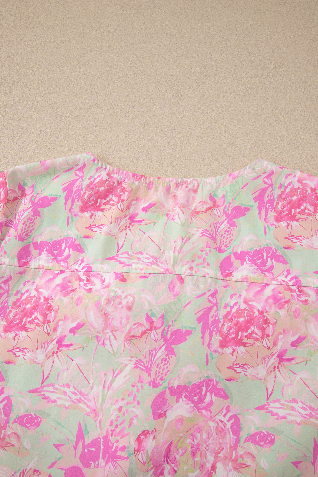 Pink Ribbon Knot Front Floral Short Puff Sleeve Blouse