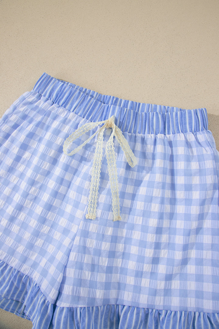 Gingham Print Ruffle Striped Detail Lace Tie Shorts