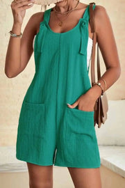 Adjustable Straps Pocketed Textured Romper - Green-2 / 2XL / 100%Polyester