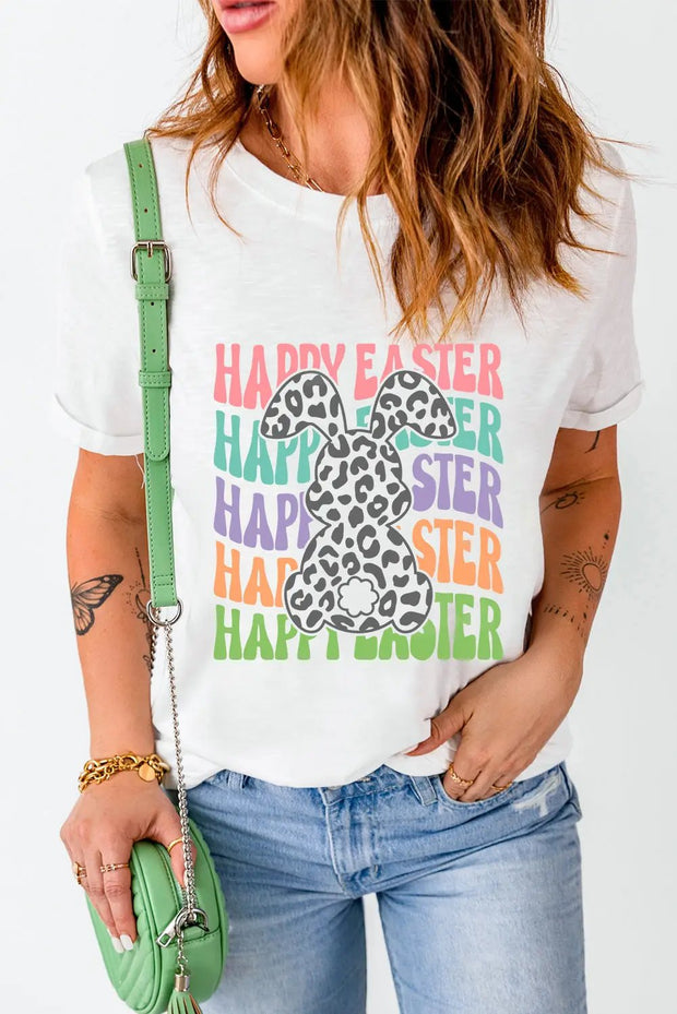 White Happy Easter Rabbit Graphic Crew Neck T Shirt - White / 2XL