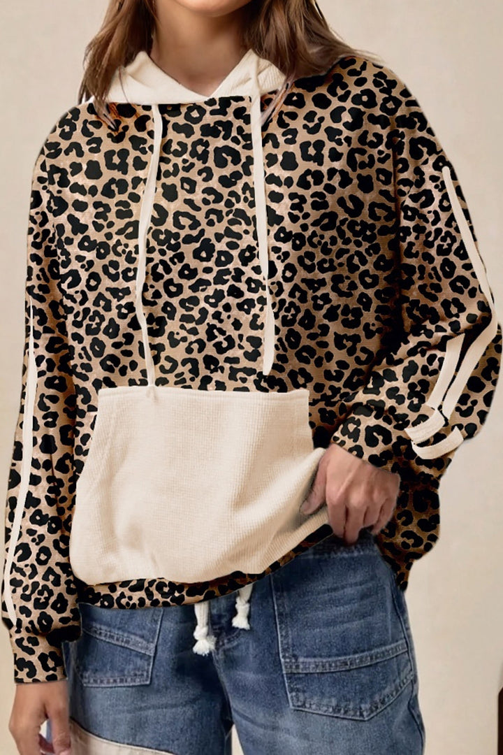 Leopard Print Waffle Contrast Kangaroo Pocket Hooded Sweatshirt