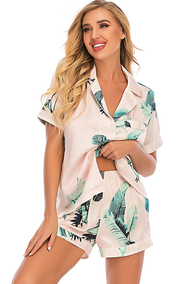 Printed Button Up Short Sleeve Top and Shorts Lounge Set -
