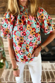 Frilled Floral Print Puff Sleeve Mock Neck Blouse -