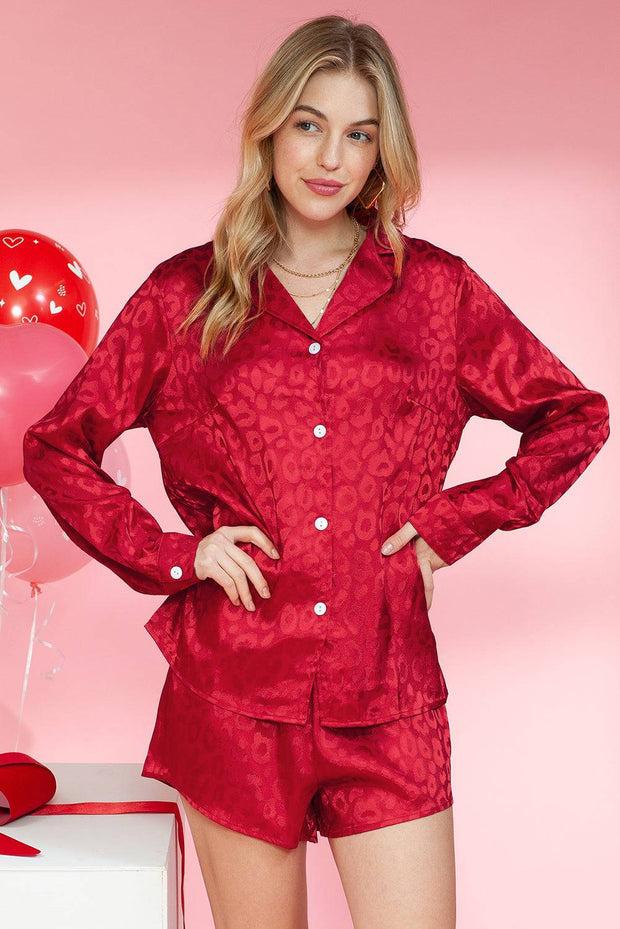Red Leopard Satin Long Sleeve Top & Shorts Loungewear Set - Red / S