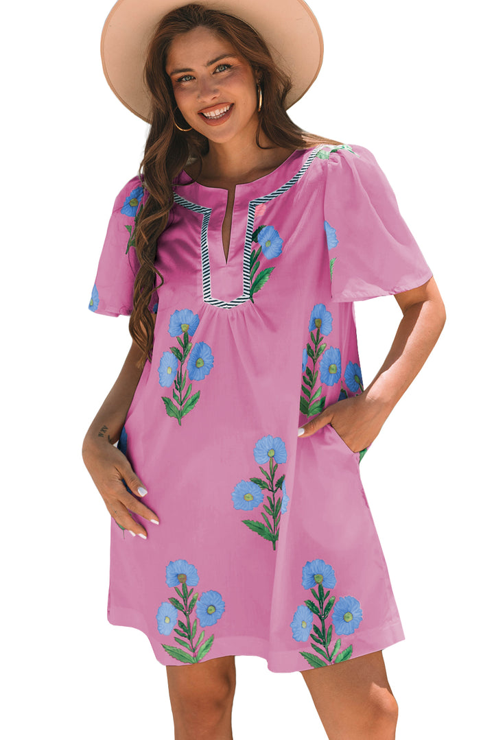 Floral Short Sleeve Split Neck Loose Mini Dress