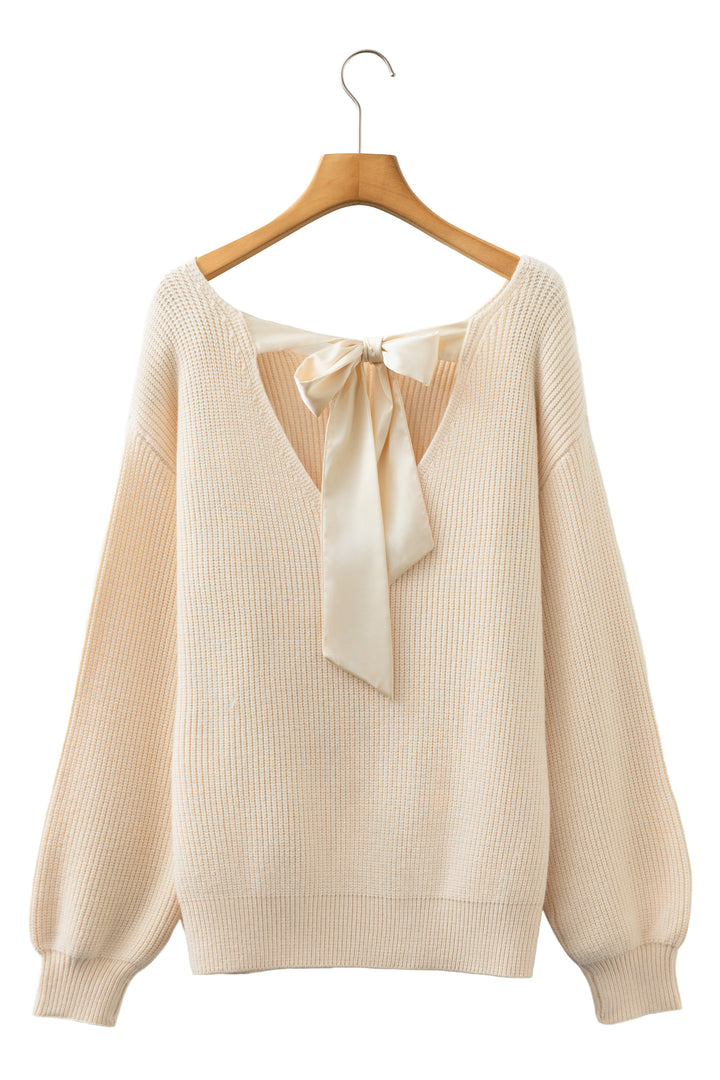 Ribbed Knit Ribbon Knot Backless Drop Shoulder Sweater