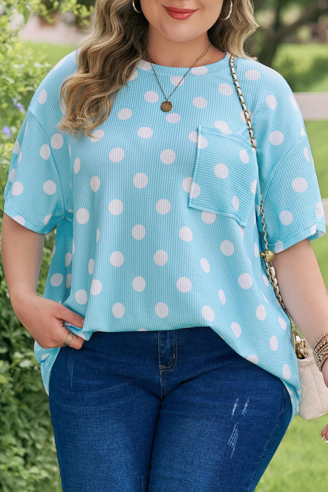 Twisted Rib Polka Dot Print Plus Size T Shirt