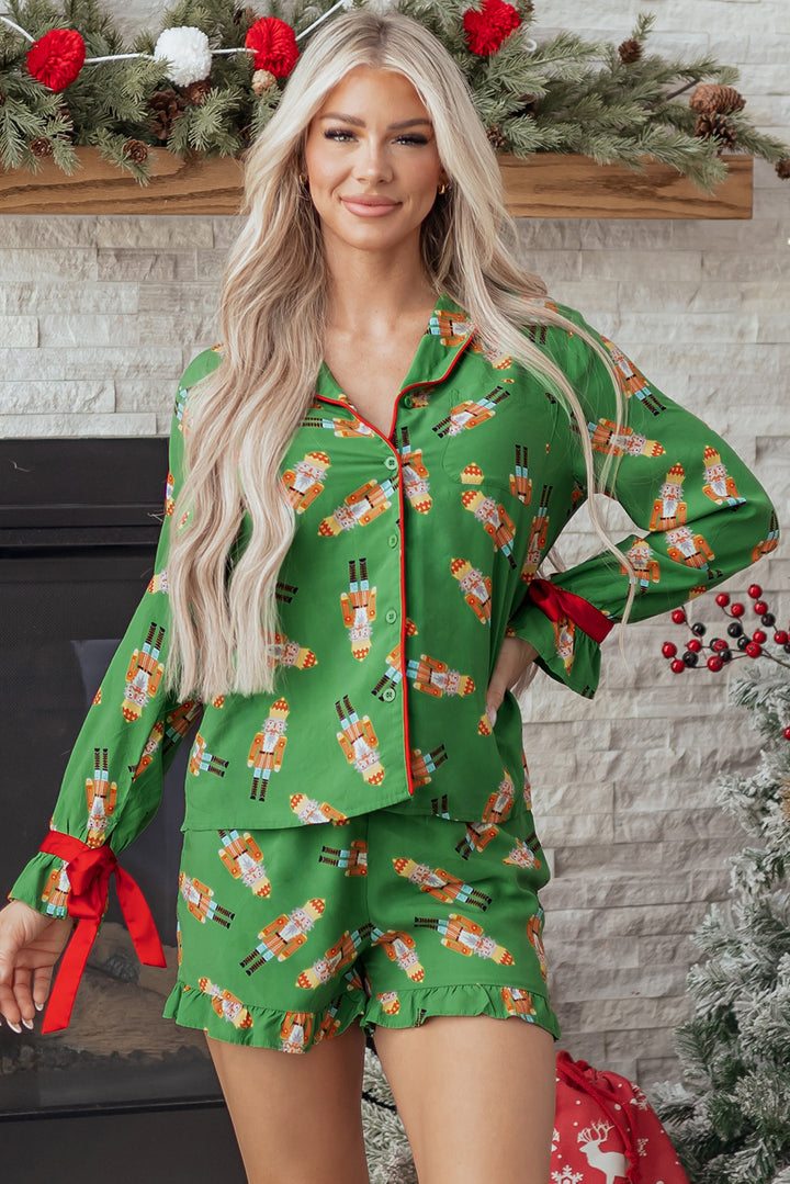 Green Christmas Candy Contrast Trim Bow Knot Silky 2pcs Pajama Set