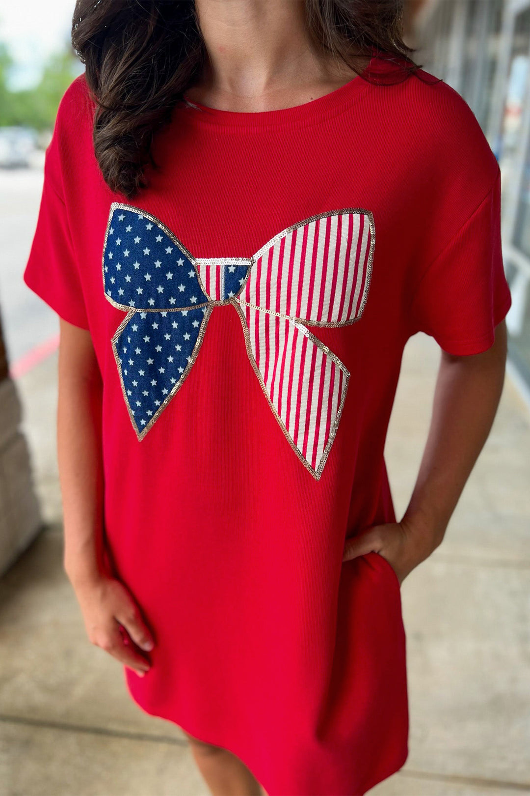 Fiery Red Sequin Trim Stars and Stripes Bow Patched T Shirt Mini Dress