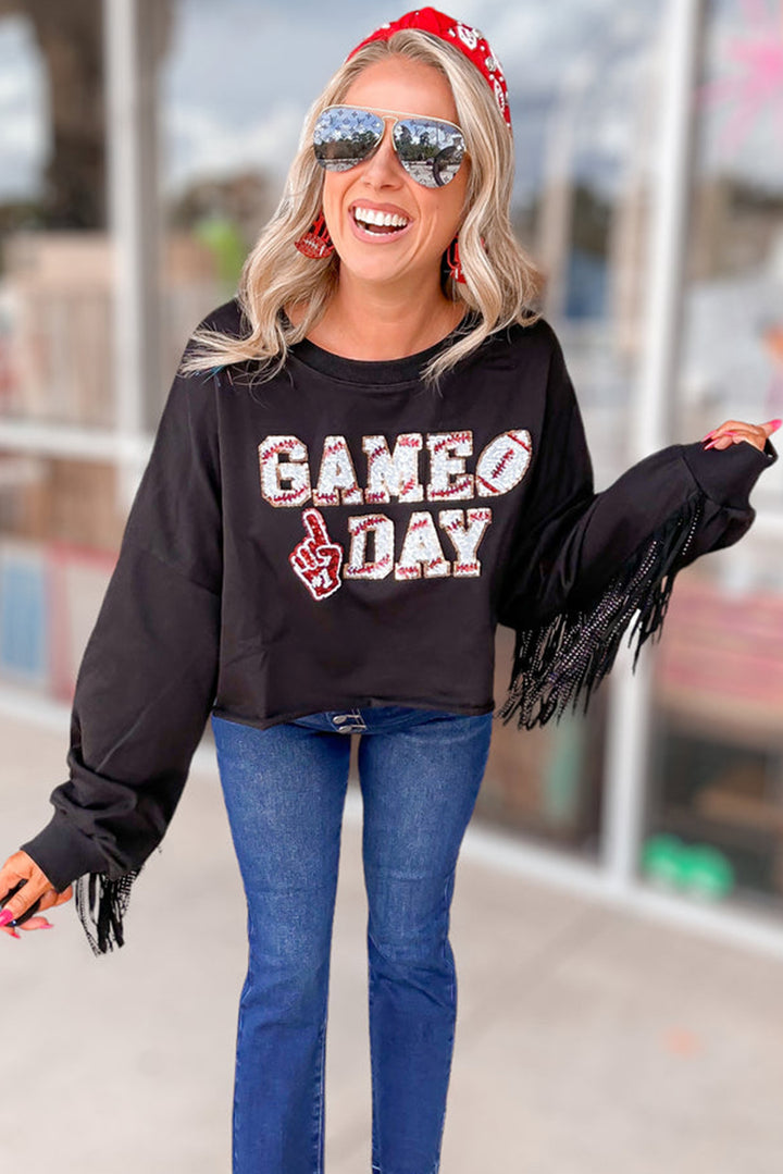 Black GAME DAY Tasseled Cropped Sweatshirt