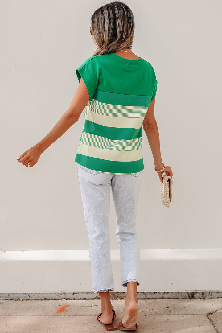 Stripe Mixed Print Crew Neck Cap Sleeve T Shirt