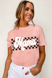 Pink Mama Checkered Graphic O Neck Casual T Shirt -