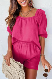 Bright Pink Crinkled Textured Square Neck Puff Sleeve and Shorts Set - Bright Pink / L / 100%Cotton