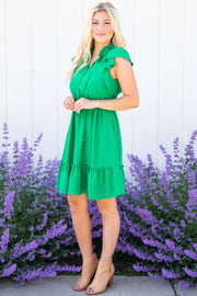 Bright Green Split V Neck Elastic Waist Ruffled Mini Dress -