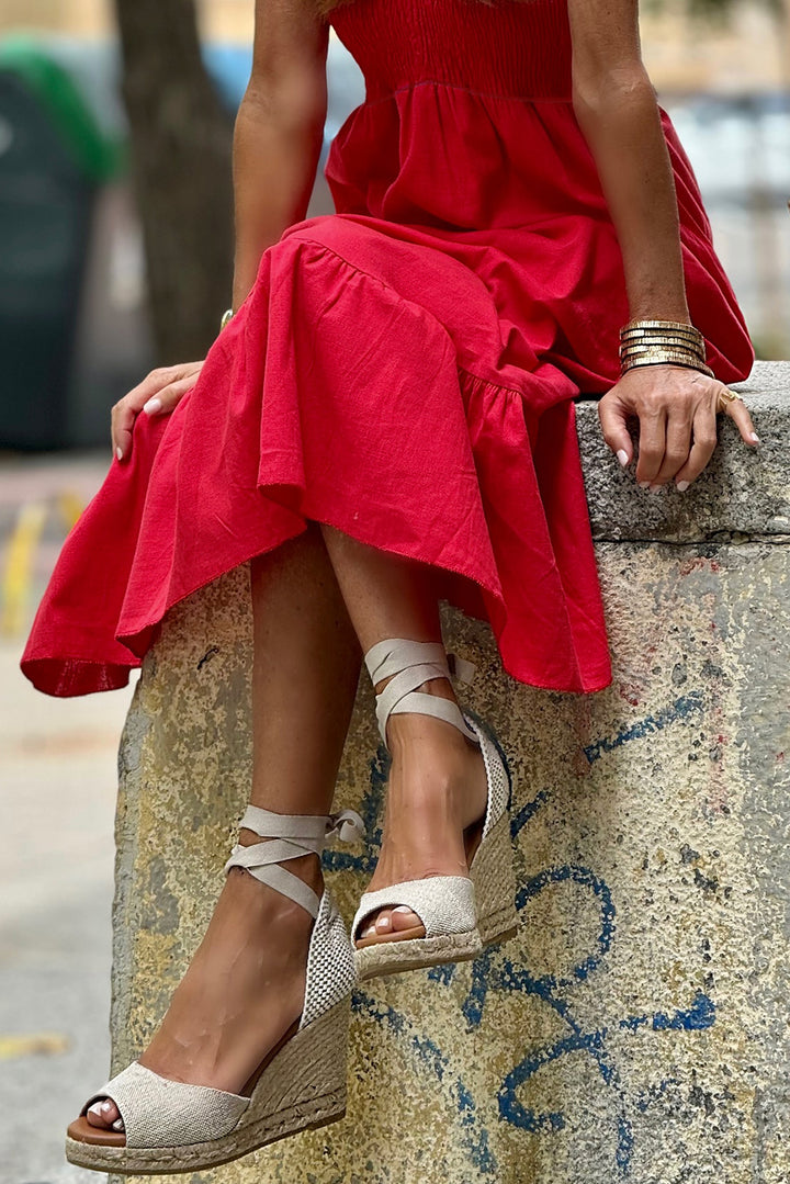 V Neck Flutter Sleeve Smocked Bodice High Waist Ruffle Maxi Dress