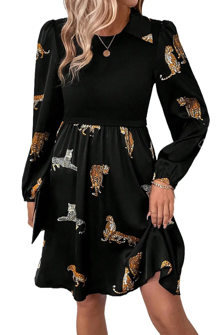 Black Vivid Leopard Print Long Sleeve Swing Dress -