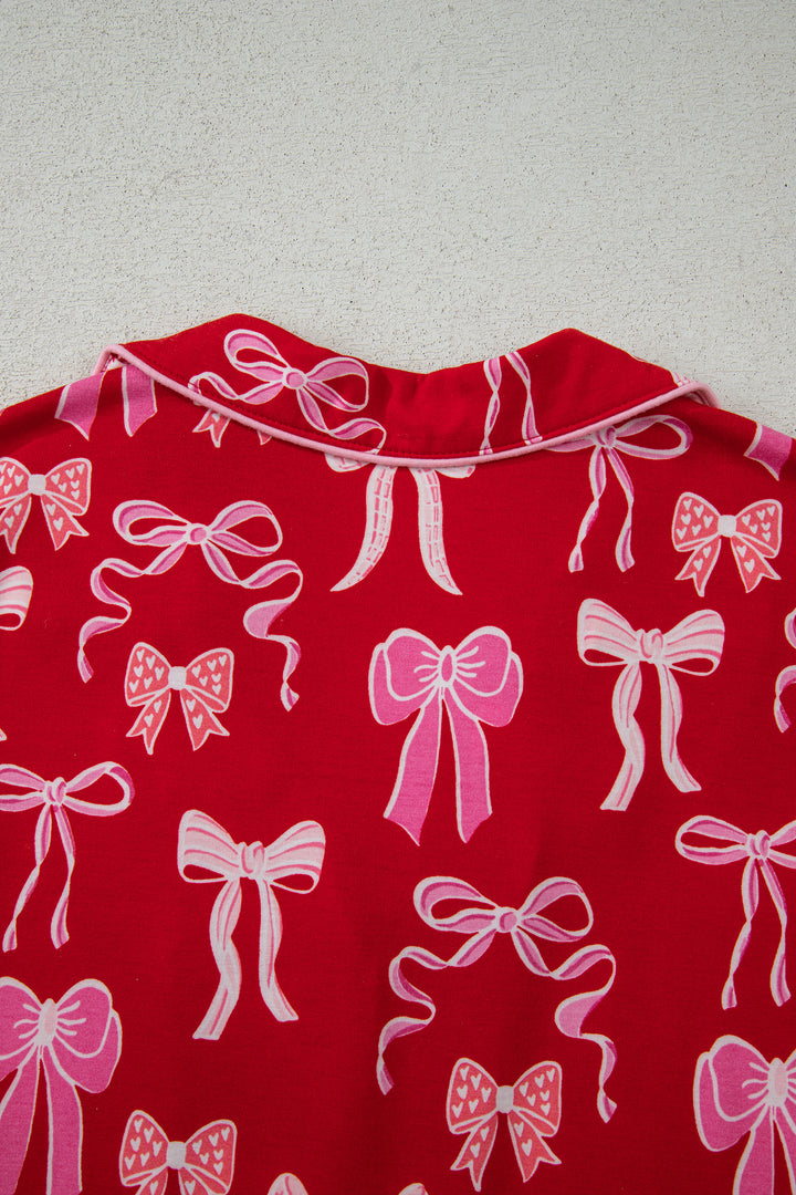 Red Sweet Bow Print Ruffled Short Sleeve Shirt Shorts 2pcs Pajama Set