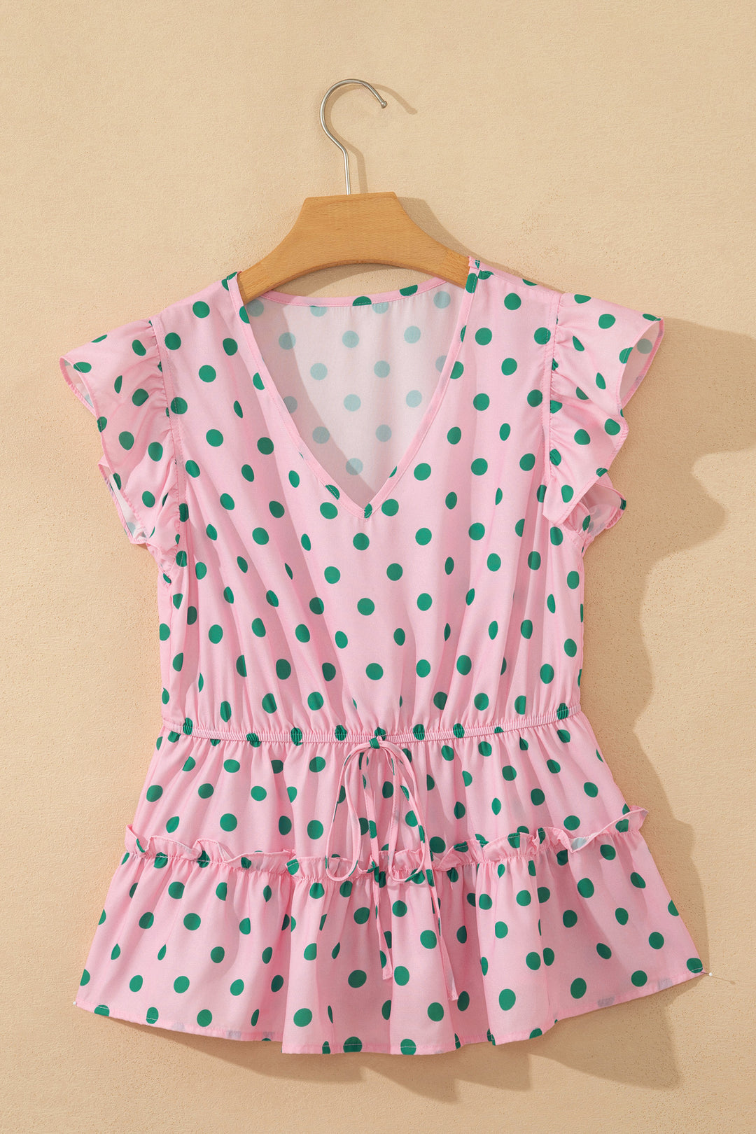 Pink V Neck Polka Dot Print Drawstring Tiered Babydoll Blouse