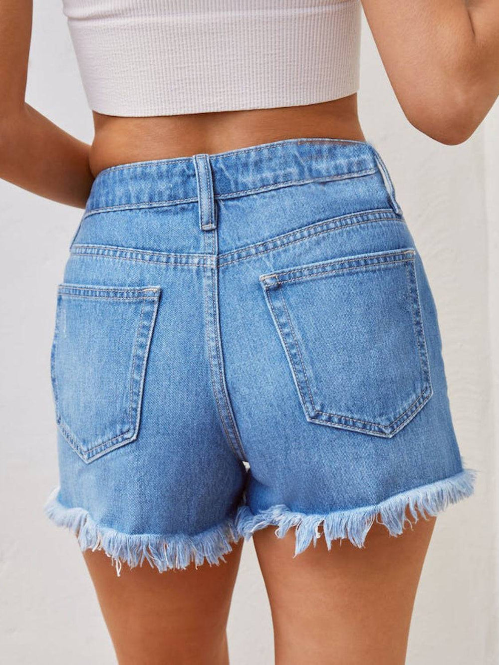 Distressed Raw Hem Denim Shorts -