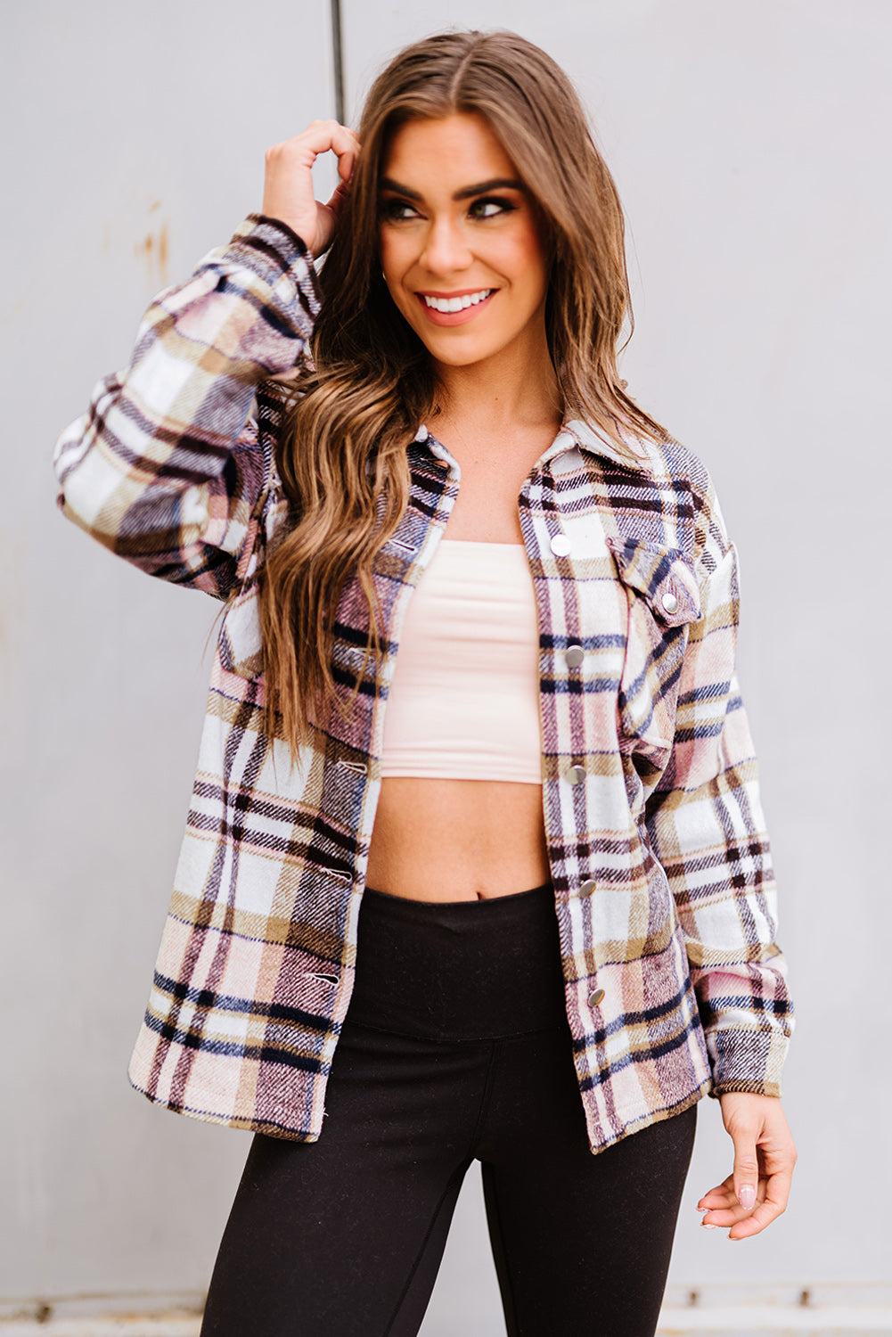 Geometric Plaid Print Pocketed Shacket -