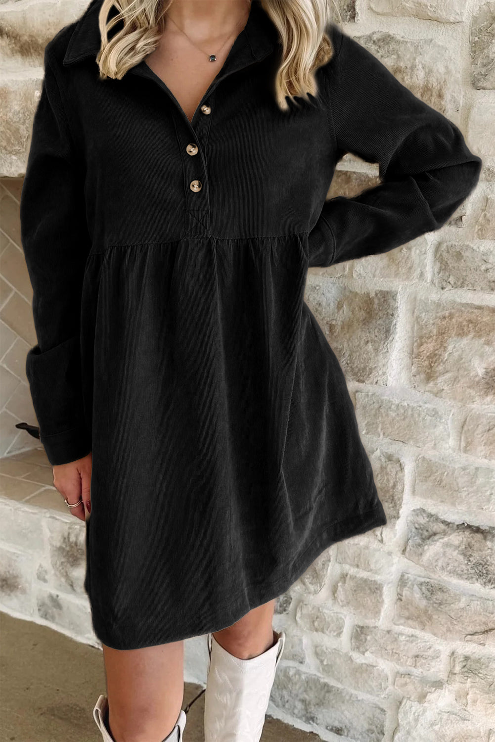 Corduroy Half Button Collared Long Sleeve Mini Dress