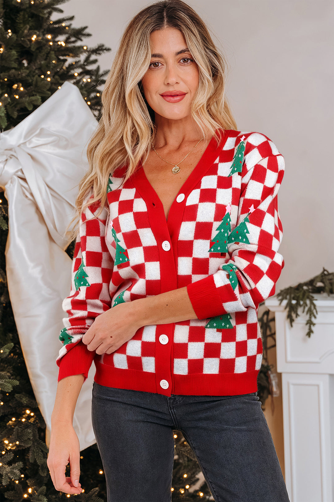 Checkered Christmas Tree Pattern Button V Neck Cardigan Sweater
