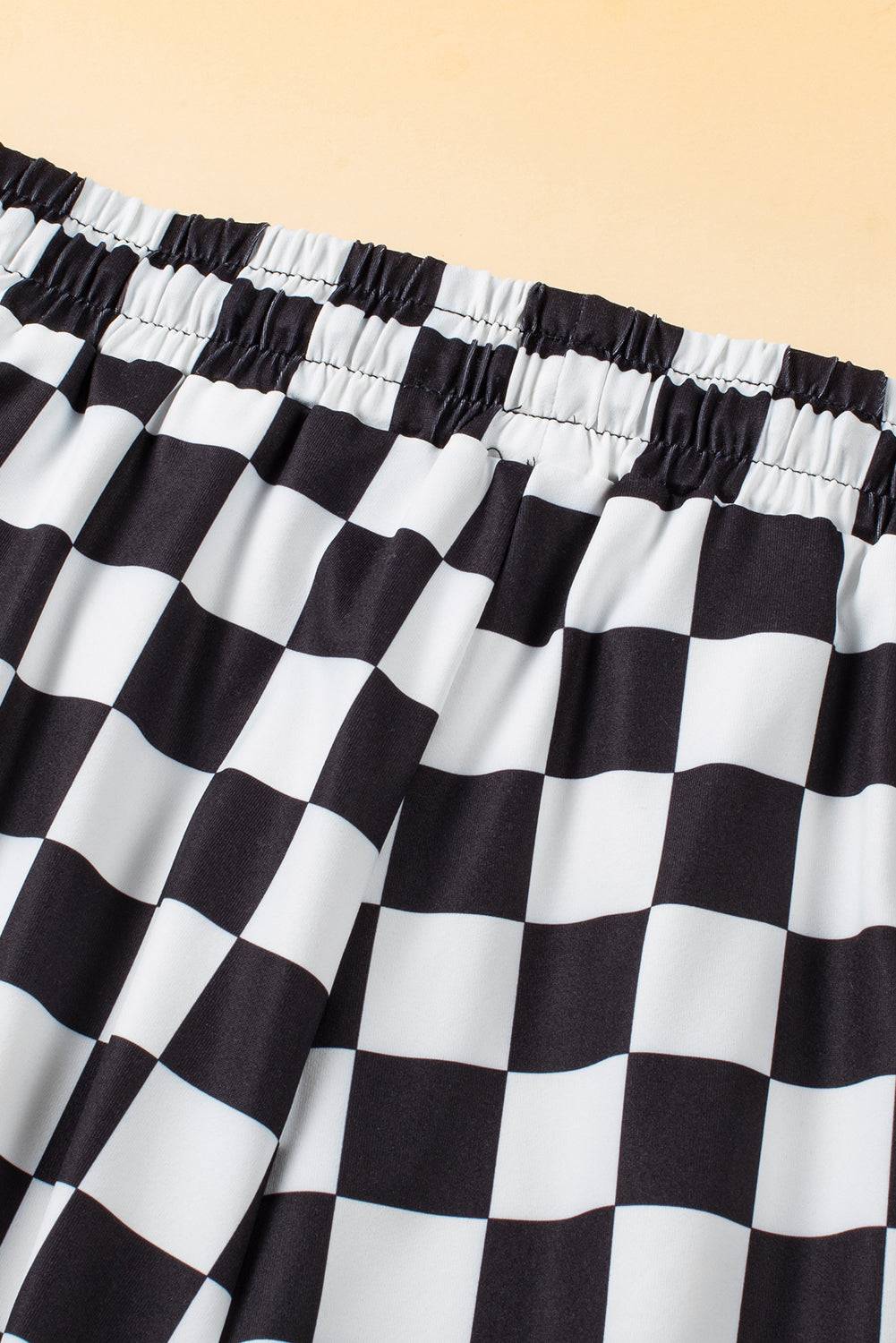 Black Checkered Drawstring Elastic Waist Casual Shorts