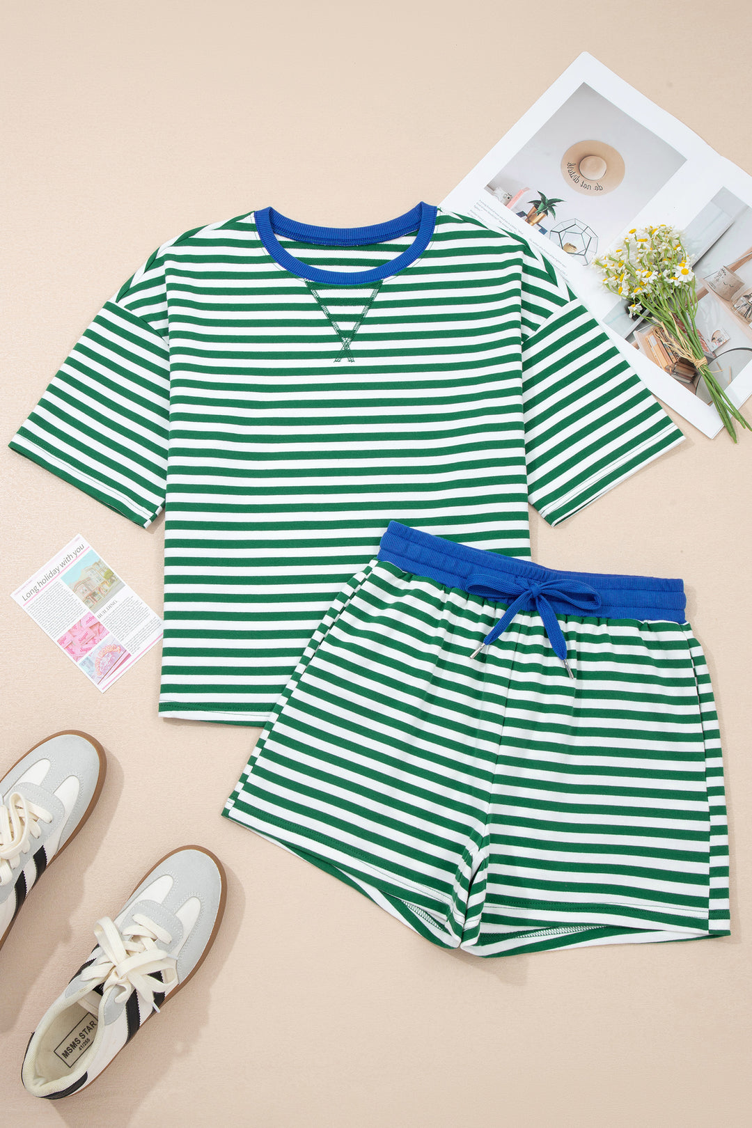 Stripe Drop Shoulder Boxy Casual Terry Short Set