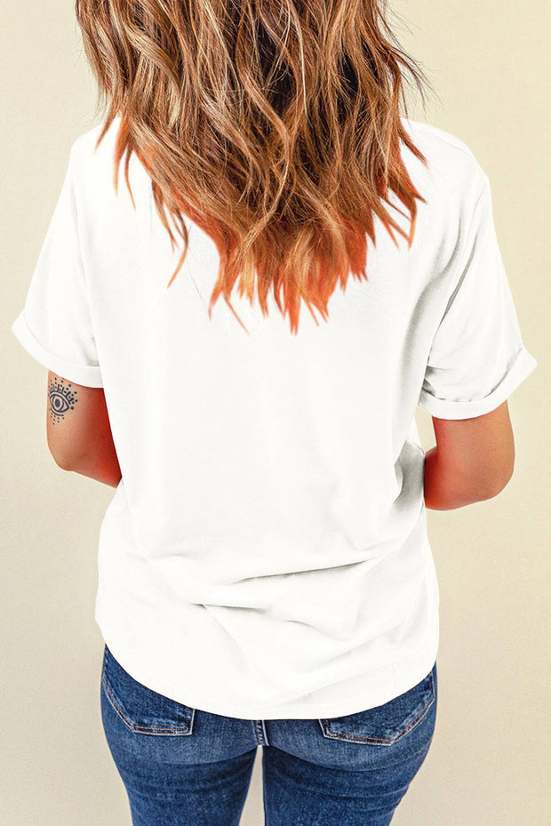 the back of a woman's head wearing a white shirt