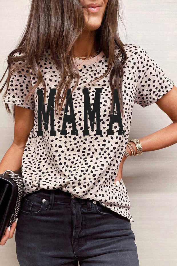 Apricot Leopard MAMA Graphic Crew Neck T Shirt - Apricot / S