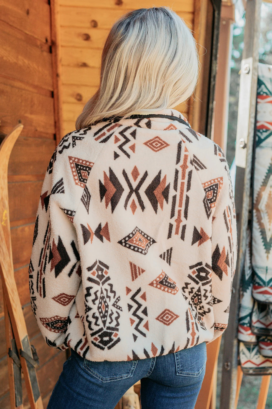 Beige Geometric Print Long Sleeve Shirt Collar Zip-up Placket Binding Tape Jacket