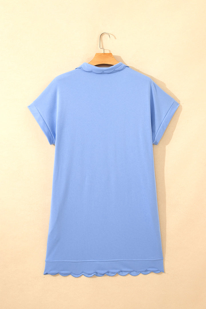 Beau Blue Plus Size Solid Scalloped Hem Button Neck Pullover Mini Dress