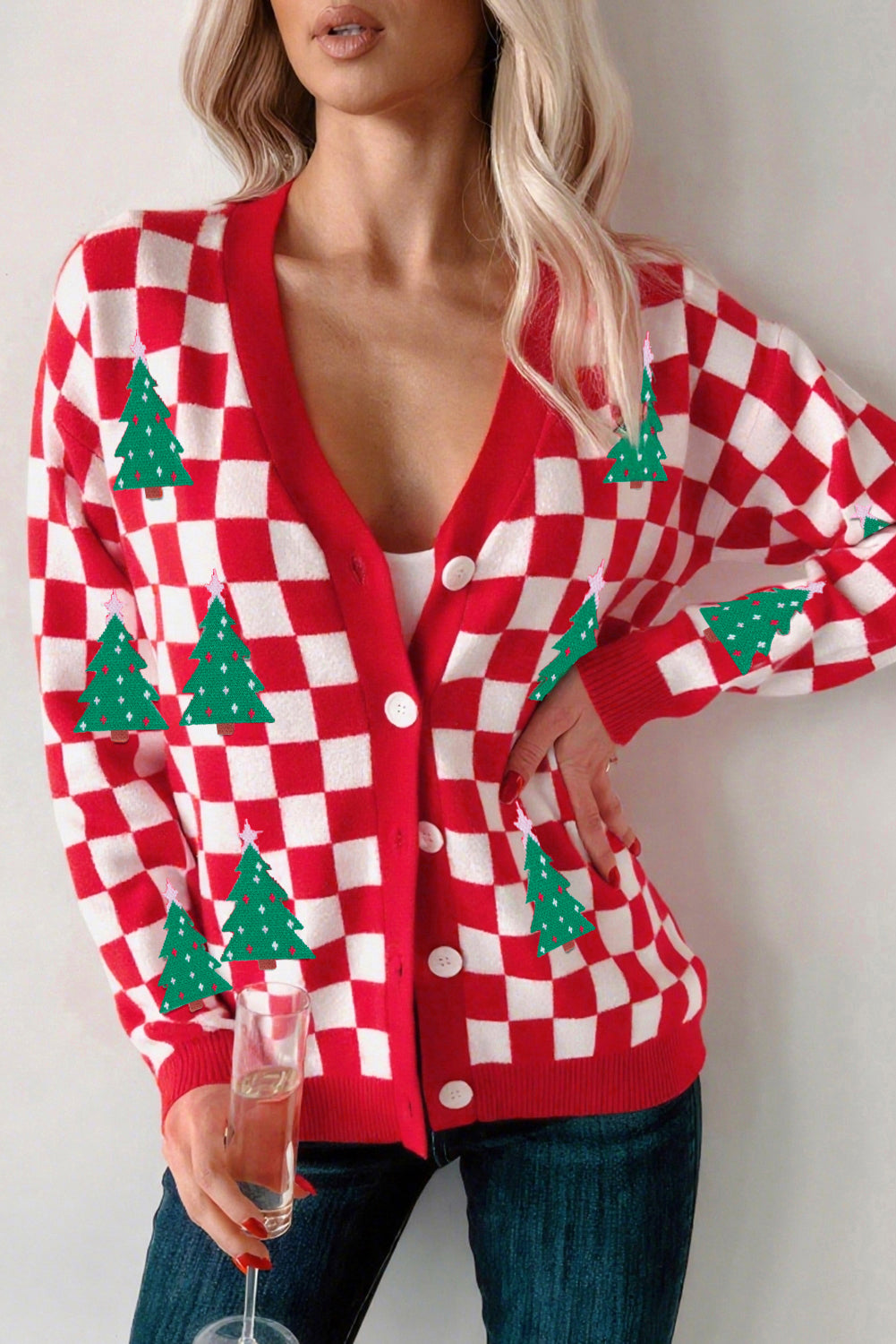 Checkered Christmas Tree Pattern Button V Neck Cardigan Sweater