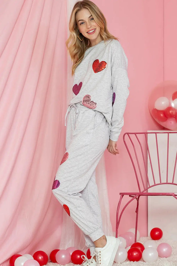 Gray Sequins Heart Graphic Top & Drawstring Pants Pajama Set -