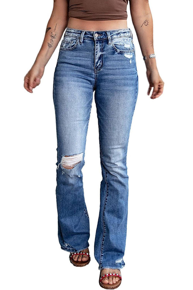 Blue Distressed Flare Jeans -
