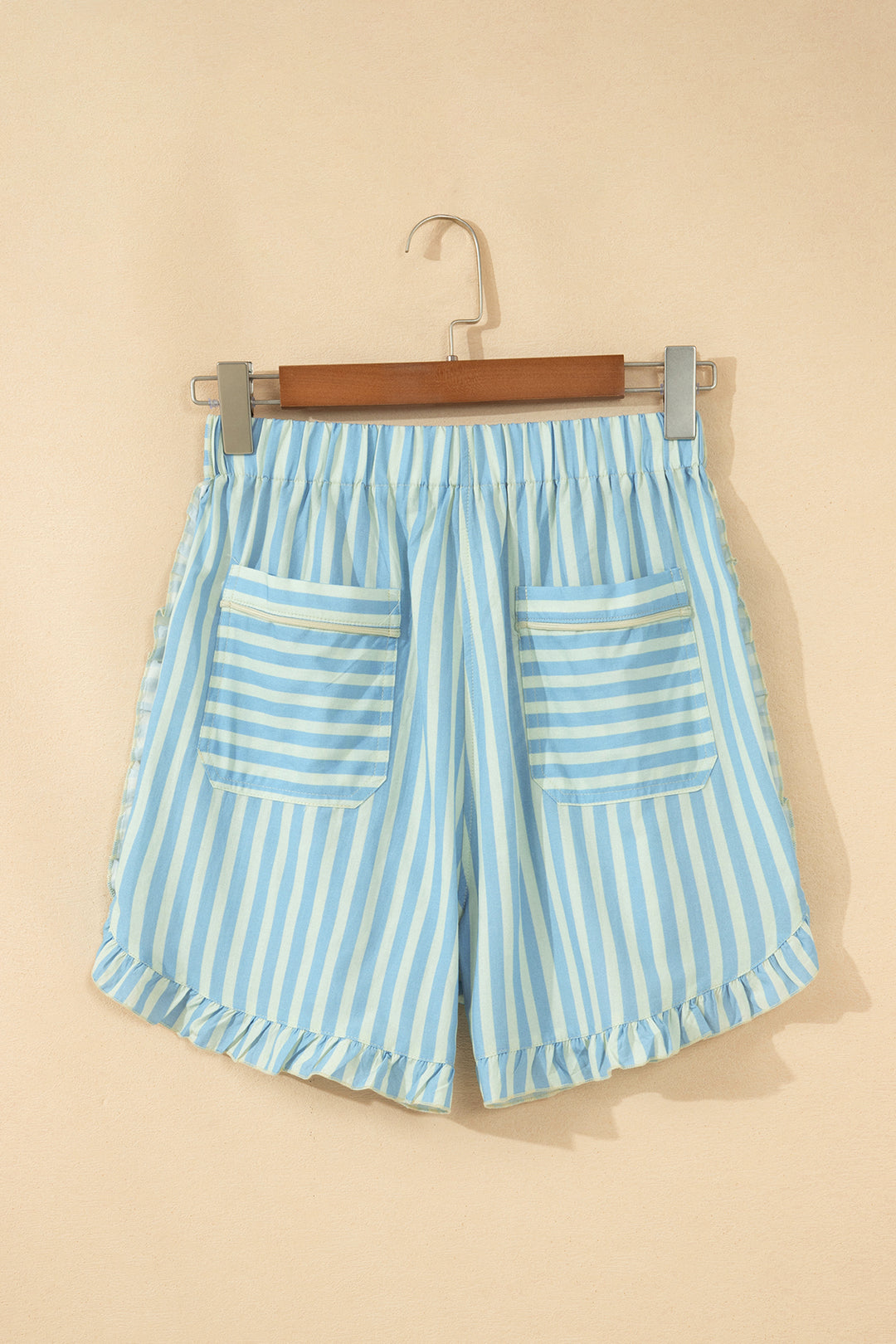 Stripe Elastic Waist Ruffle Trim Casual Shorts