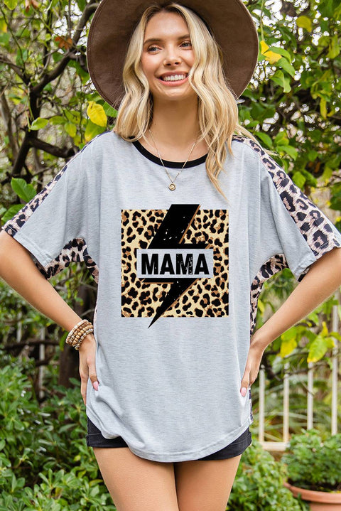 Gray MAMA Lightning Leopard Graphic Round Neck Tee -
