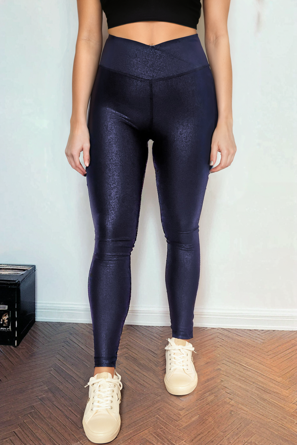 Black Crossed Dip Waist Sleek Leather Leggings