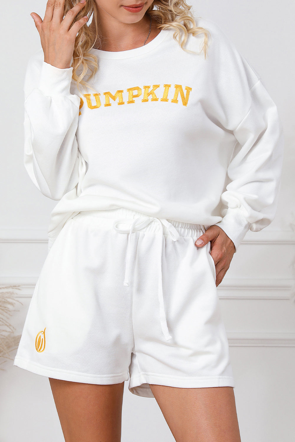 White PUMPKIN Flocking Graphic Pullover Sweatshirt and Shorts Set