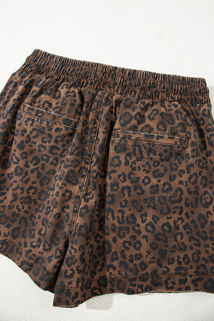 Brown Leopard Print Elastic Waist Drawstring Denim Skort