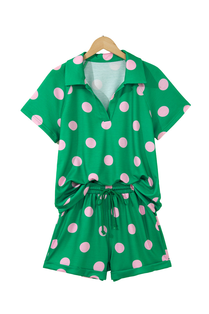 Polka Dot Print V Neck Tee Short Set