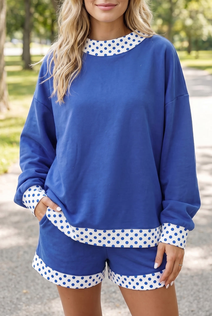 Polka Dot Trim Baggy Pullover 2pcs Short Set