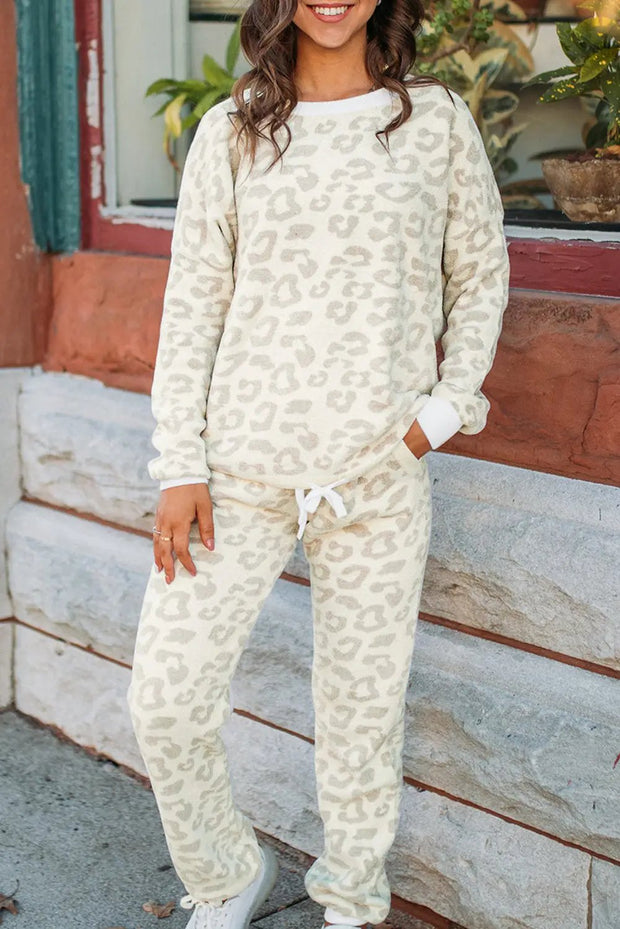 White Leopard Print Pullover and Drawstring Pants Loungewear Set - White Printed / L