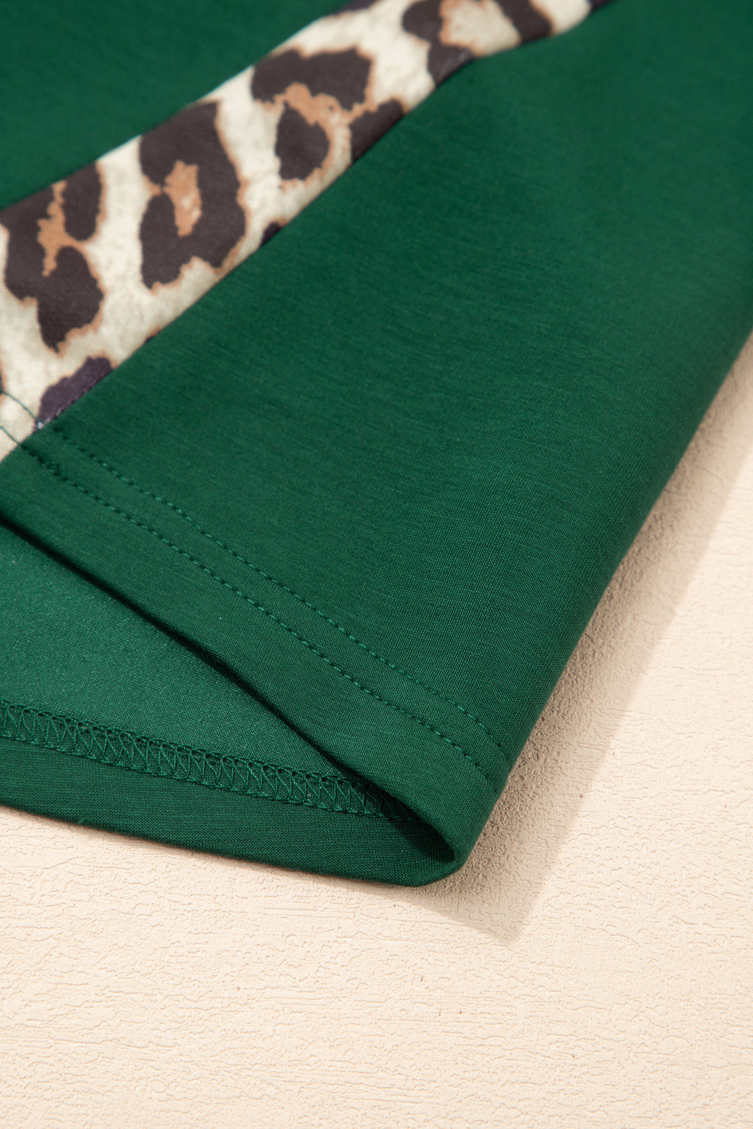 Green Leopard Trim Round Neck Loose T Shirt